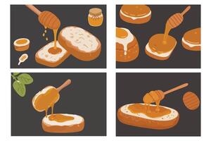 Inviting Breakfast - Toast Bread with Honey Dripping - Isolated Set. vector