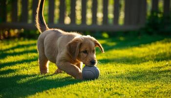 A golden puppy playing with a ball in the grass photo