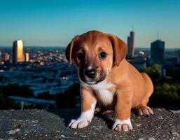 A small puppy sits on a ledge overlooking a city skyline photo