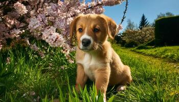A golden puppy sits in the grass beneath a flowering tree photo