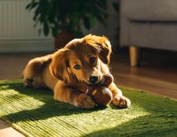 A golden puppy happily chews on a stuffed toy photo