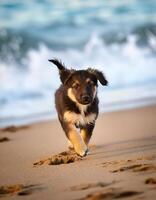 A playful puppy runs towards the camera on a sandy beach photo