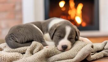 A puppy sleeps soundly on a blanket in front of a fireplace photo