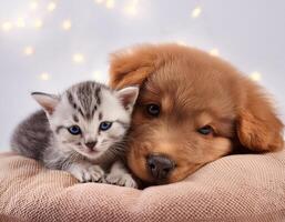 A brown puppy and a grey kitten rest their heads on a tan pillow photo