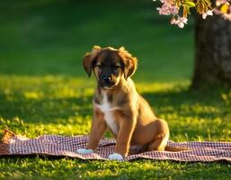 A cute puppy sits on a red and white checkered blanket in the grass photo