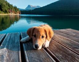 A young dog with big brown eyes rests its head on a wooden dock overlooking a lake photo