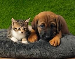 A puppy rests its head on a pillow next to a curious kitten photo