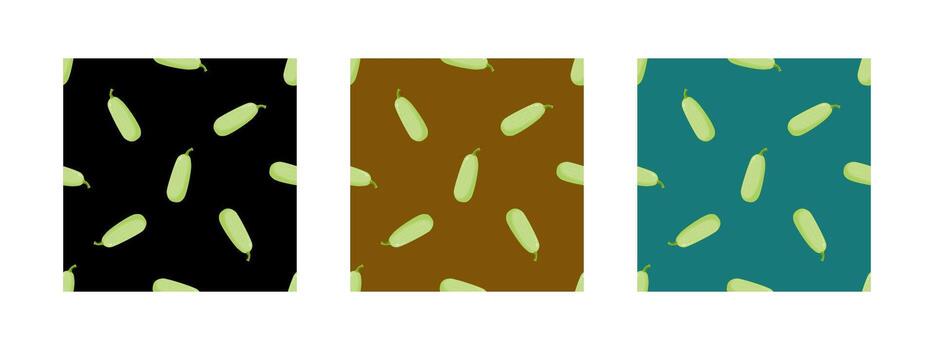 A set of seamless patterns with a green squash. The patterns are on a colorful background. vector