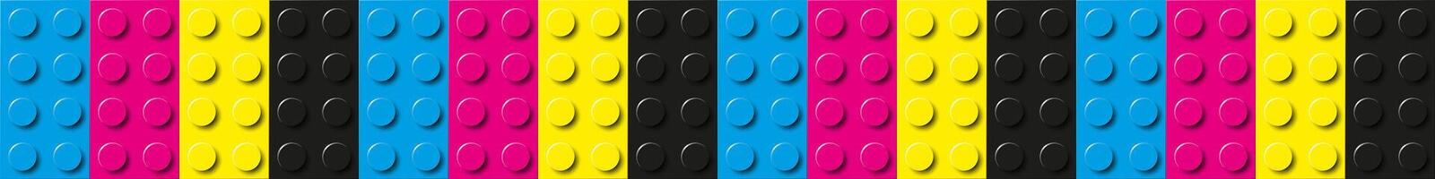 Many plastic building toy blocks banner in cmyk colors. Background of bricks in different colors. Close-up of a colorful bricks. Abstract background illustration vector
