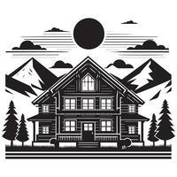 a black and white picture of a house with the sun in the background with white background vector