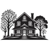 a black house with a house in the background with white background vector