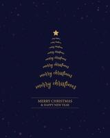 Merry Christmas tree outline greeting text card golden illustration design background. Greeting card. Xmas tree. vector