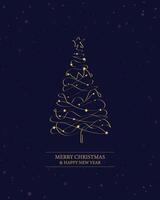 Merry Christmas tree outline greeting text card golden illustration design background. Greeting card. Xmas tree. vector