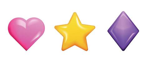3D shapes and elements. Heart, star and rhombus. Plastic. Balloons and bubbles. Render. Shiny. Icon. Isolated. Trendy icons for games and web design. Doodle vector