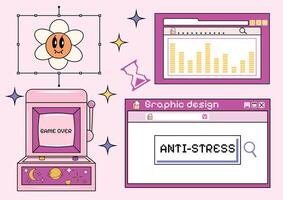 Groovy set in y2k style. Retro collection of browser popup icons. Vaporwave Textbox. illustration. Slot machine. Psychedelic and hippie design. Social media interface. Elements and shapes. vector
