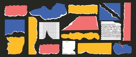 Collage of torn paper scraps. Wrinkled templates. Ragged edges, crumpled paper. Frame, textbox. Retro. Set of sheets of paper. Illustration. Newspaper. Trendy elements for design. Stickers. vector