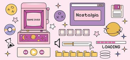 Groovy set in y2k style. Retro collection of browser popup icons. Vaporwave Textbox. Illustration. Slot machine. Psychedelic and hippie design. 00s aesthetic. Sticker Post template. Icons vector