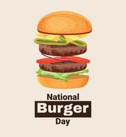 National Burger Day. Junk food day. Fast food day. Illustration. Burger in cartoon style. The burger is opened and what's inside is shown. Cutlet, bun, onion, cucumbers, tomatoes, cheese. vector