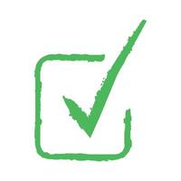 Green check mark on white background. Green tick. Isolated. Correct. Trendy icons. Symbol sign. Hand drawn. Doodle. Grunge textures. Brush. Ok. Verified. Textbox. Frame vector