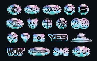 A set of sticker packs in y2k style. Holographic. 3d Retro futuristic design. Foil style labels. Elements. Nostalgia. Trendy Psychedelic. Gloss. Chrome. Abstract. . Cyber. Iridescent vector
