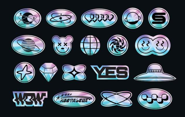 A set of sticker packs in y2k style. Holographic. 3d Retro futuristic design. Foil style labels. Elements. Nostalgia. Trendy Psychedelic. Gloss. Chrome. Abstract. . Cyber. Iridescent