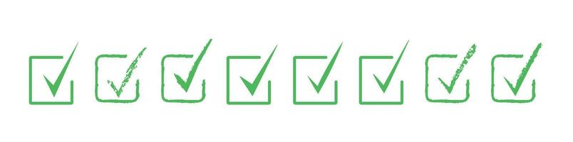 Set of green check marks on a white background. Green tick. Isolated. Correct. Trendy icons. Symbol sign. Hand drawn. Doodle. Grunge textures. Brush. Ok. Verified. Textbox. Frame. Acceptance vector