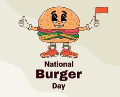 National Burger Day. Junk food day. Fast food day. Illustration. Burger in cartoon style. Character with arms and legs in groovy style. Y2k. Retro. Concept. Hippies and psychedelics. y2k vector