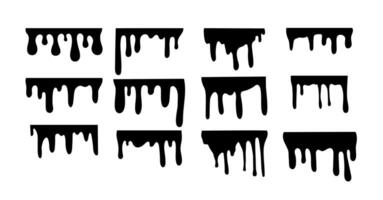 Set of flowing black paints on a white background. Falling like a drop. Flowable and adhesive base. Grunge texture. Shapes and elements for design. Isolated. Painting symbol. Drip background vector