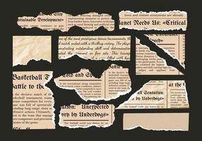 Crumpled torn paper. Jagged edges. Collage. Frame and textbox. Concept scraps background, newspaper fragments and tape. Trendy design elements. Template. Set and collection. Old sheets. Breaking news vector