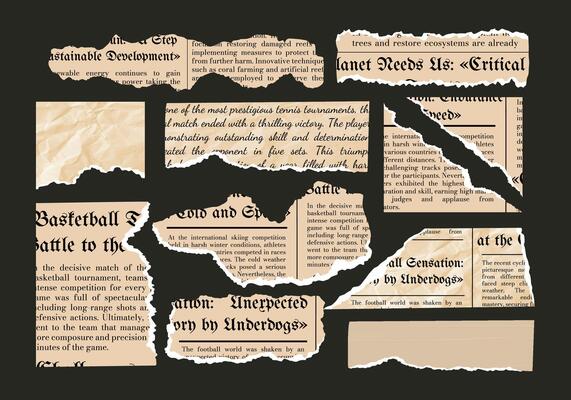 Crumpled torn paper. Jagged edges. Collage. Frame and textbox. Concept scraps background, newspaper fragments and tape. Trendy design elements. Template. Set and collection. Old sheets. Breaking news