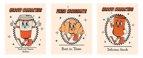 Set of food posters in groovy style. Food and drinks. Quick snack. Y2k elements and shapes. Comic and character. Cartoon illustration. Retro psychedelic and hippie. 2000s. 60s-70s. Aesthetics vector