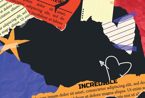 Crumpled torn paper. Jagged edges. Collage. Concept of scraps on a black background, newspaper fragments and tape. Element of trendy modern design. Template. Set and collection of sheets. Old notebook