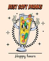 Poster with cocktail in groovy style. Food and drinks. Y2k elements and shapes. Isolated. Comic and character. Cartoon illustration. Walking. Retro drink with people face and hands and legs. vector