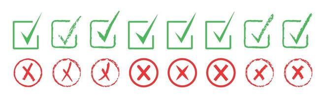 Set of green checkmarks on white background. Green tick. Isolated. Correct. Trendy icons. Symbol sign. Hand drawn. Button. Grunge texture. Brush. Ok. Verified. Textbox. Frame. Red cross. Right, wrong vector