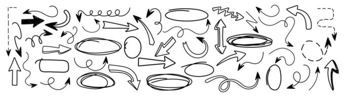 Collection arrows in trendy style. Hand drawn. Doodle. . Textbox, bubbles. Frame. Editable stroke. Pencil and grunge texture. Elements. Line and underline. Mark. Curves. Abstract scribbles. vector