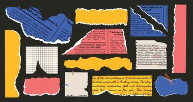 Collage of torn paper scraps. Set of sheets of paper. Illustration. Newspaper. Trendy elements for design. Templates. Ragged edges, unkempt crumpled paper. Frame, textbox. Retro vector