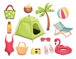 A set of summer items in a trendy card style. Tent, palm tree, sun lounger, sunglasses, sunscreen, bag, swimsuit, inflatable ring in the shape of a flamingo. Illustration. Collections template vector