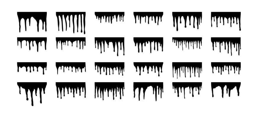 Set and collection of melted paint drip elements. Stream of splashes. Drops and flow of watercolor, oil paint, spray paint in black. Liquid ink. Grunge. Hand drawn. Doodle. Spots silhouettes. Color