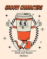 Coffee poster in groovy style. Food and drinks. Quick snack. Y2k elements and shapes. Cartoon illustration. Walking. Retro character with face and hands and legs. Hot drinks. Psychedelic and hippie. vector