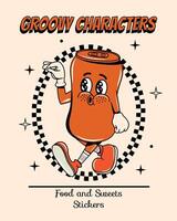Poster with a drink in a tin can in groovy style. Food and drinks. Quick snack. Y2k elements and shapes. Isolated. Comic and character. Legs and hands. Cartoon illustration. Walking. Retro vector