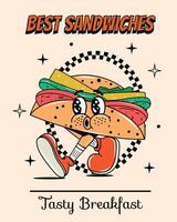 Poster with sandwich in groovy style. Food and drinks. Quick snack. Y2k element and shapes. Comic and character. Retro drink with people face and hands and legs. Alcohol. Psychedelic and hippie. 2000s vector