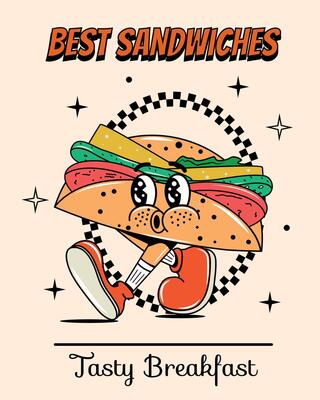 Poster with sandwich in groovy style. Food and drinks. Quick snack. Y2k element and shapes. Comic and character. Retro drink with people face and hands and legs. Alcohol. Psychedelic and hippie. 2000s