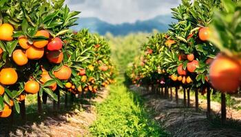 filas de naranja y manzana arboles en un Fruta huerta a puesta de sol 46874164 Foto de stock en Vecteezy