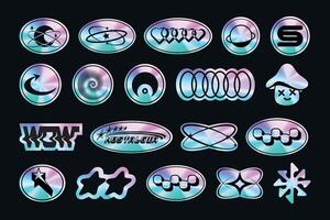 A set of sticker packs in y2k style. Holographic gradient texture. 3d Retro futuristic. Foil style labels. Rainbow Elements. Nostalgia.High-quality. Trendy Psychedelic. Gloss Cyberpunk tag. Stamp vector