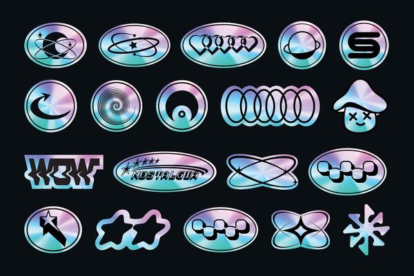 A set of sticker packs in y2k style. Holographic gradient texture. 3d Retro futuristic. Foil style labels. Rainbow Elements. Nostalgia.High-quality. Trendy Psychedelic. Gloss Cyberpunk tag. Stamp