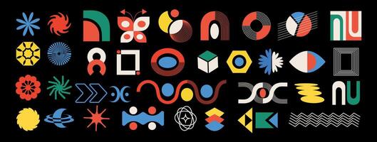 A set of abstract geometric figures in brutalist style. Modern trendy minimalism. Modernism. Bauhaus. Symbols Y2k.Memphis extraordinary design. Groovy circles. Swiss simple shapes vector