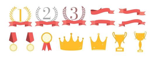 Set of medals, cups, crowns. Reward for victory. Wreath. Frame and textbox. Competing and tournament. Ranking template. Elements for design. Winner. Premium quality stickers vector