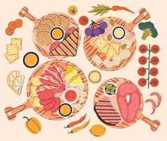 The process of preparing delicious food from above. Various Ingredients for dishes and food. Culinary concept. Workshop. Master Class. Flat style. Meal. Set. Brunch, lunch, breakfast, dinner. Top view vector