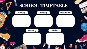 School supply and . School schedule. Timetable. Disciplines. Education and knowledge. Back to school. Backpack in flat trendy style. Calendar with lessons for students. Design for poster, flyer, web. vector