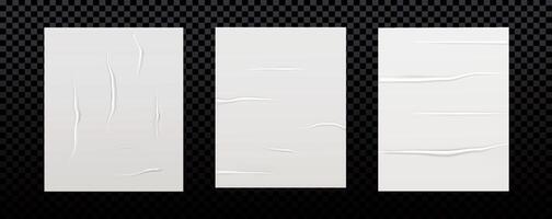 Set and collection of glued posters. Mockup. Collage trend element . Paper. The sheet are wrinkled. Grumble texture effect for template. Realistic. Sticker label. Wet sticky style and grease vector